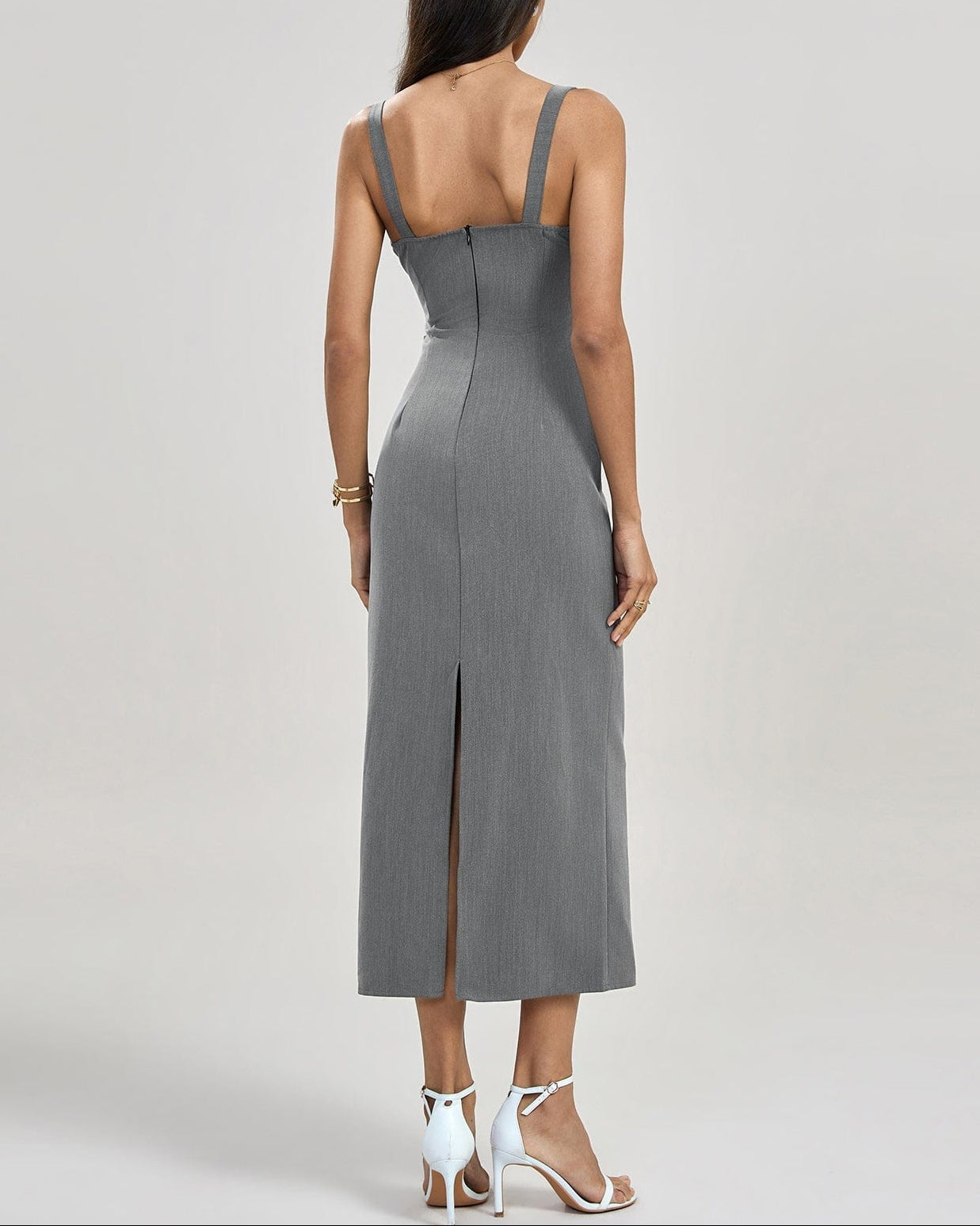 Joleen - Strappy Back Slit Midi Dress In Grey