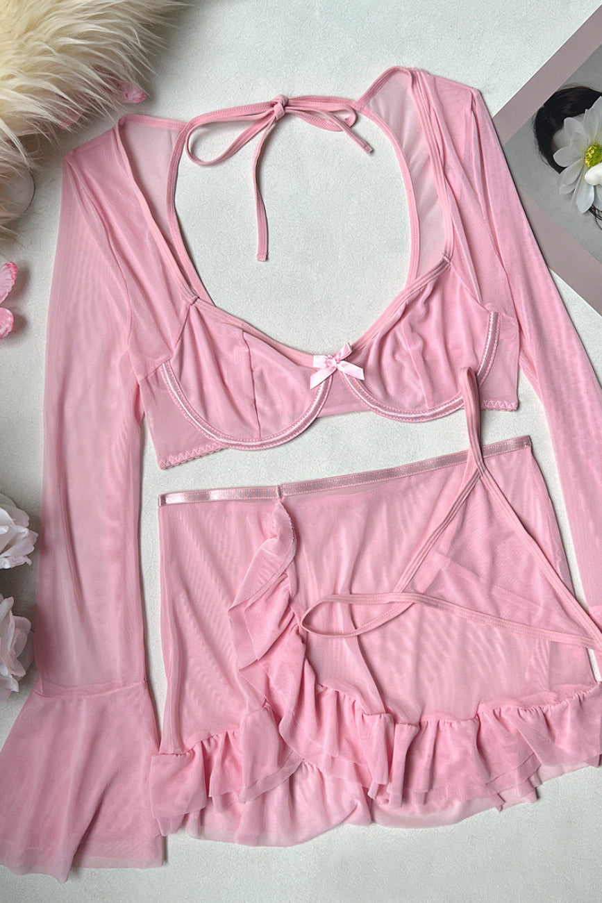 Pink Mesh Lingerie Set Long Sleeve Wired Skirt dames