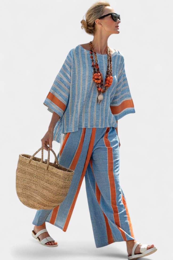 Celeste | Sophisticated Terracotta Striped Top & Linen Pants