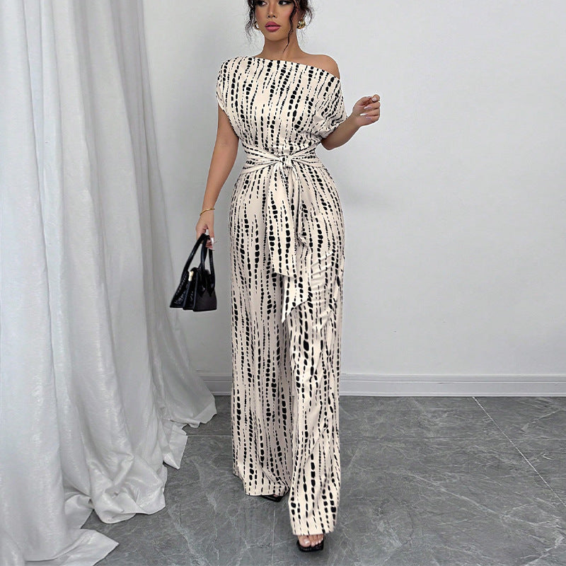 Women's Printed Wide Leg Jumpsuit One Shoulder Belted