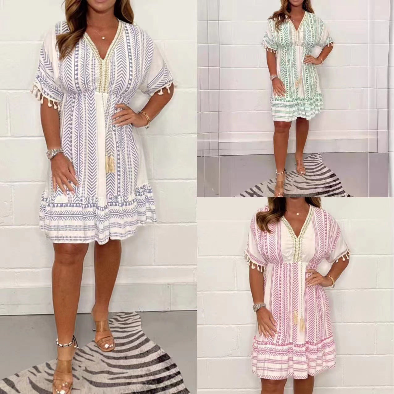 Women's Boho Print Mini Dress V-Neck Tassel Summer