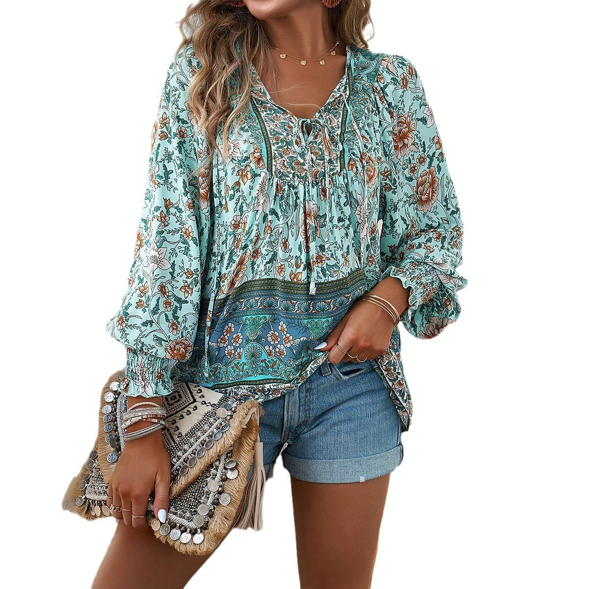 Women’s Floral Tie Front Blouse – Lightweight Breathable Comfortable Stylish Casual Long Sleeve Top