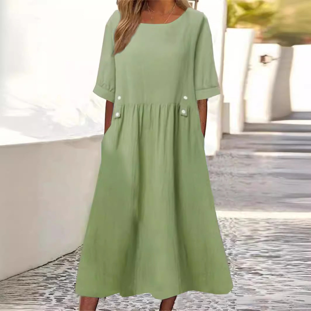 Robe Femme Ample Mi-Longue Col Rond Manches Courtes en Coton Lin pour Style Élégant et Confort Estival