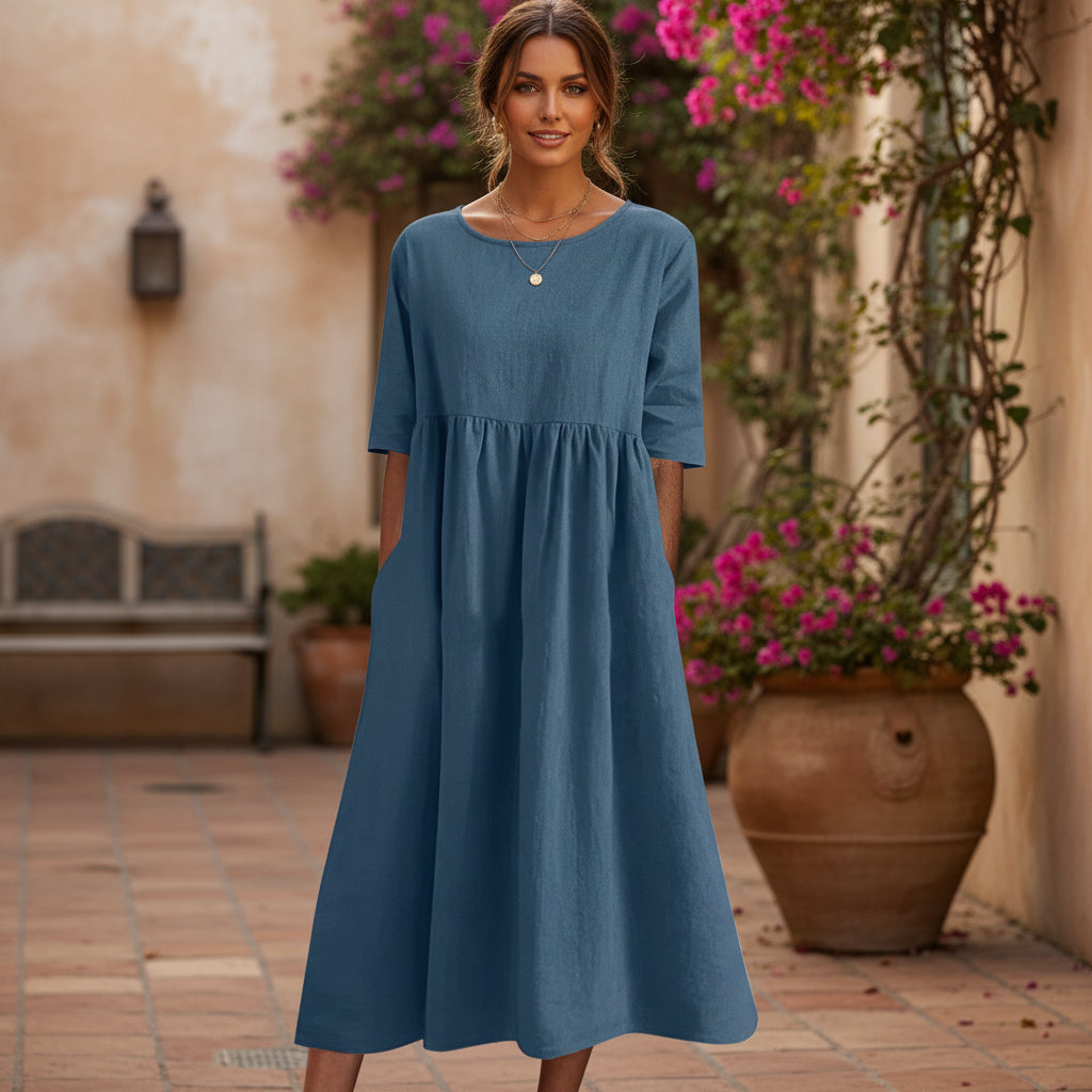 Pleated Midi Dress | Vintage-Inspired Loose Fit Design-Women’s Dresses-Mykonostore-Dark Blue-S-Mykonostore