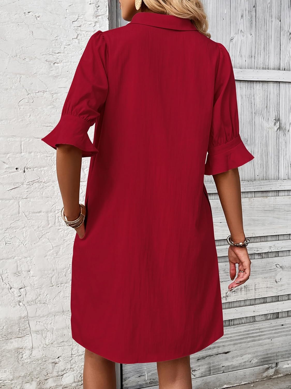 Women's Button-Down Shirt Dress 3/4 Sleeve Knee Length