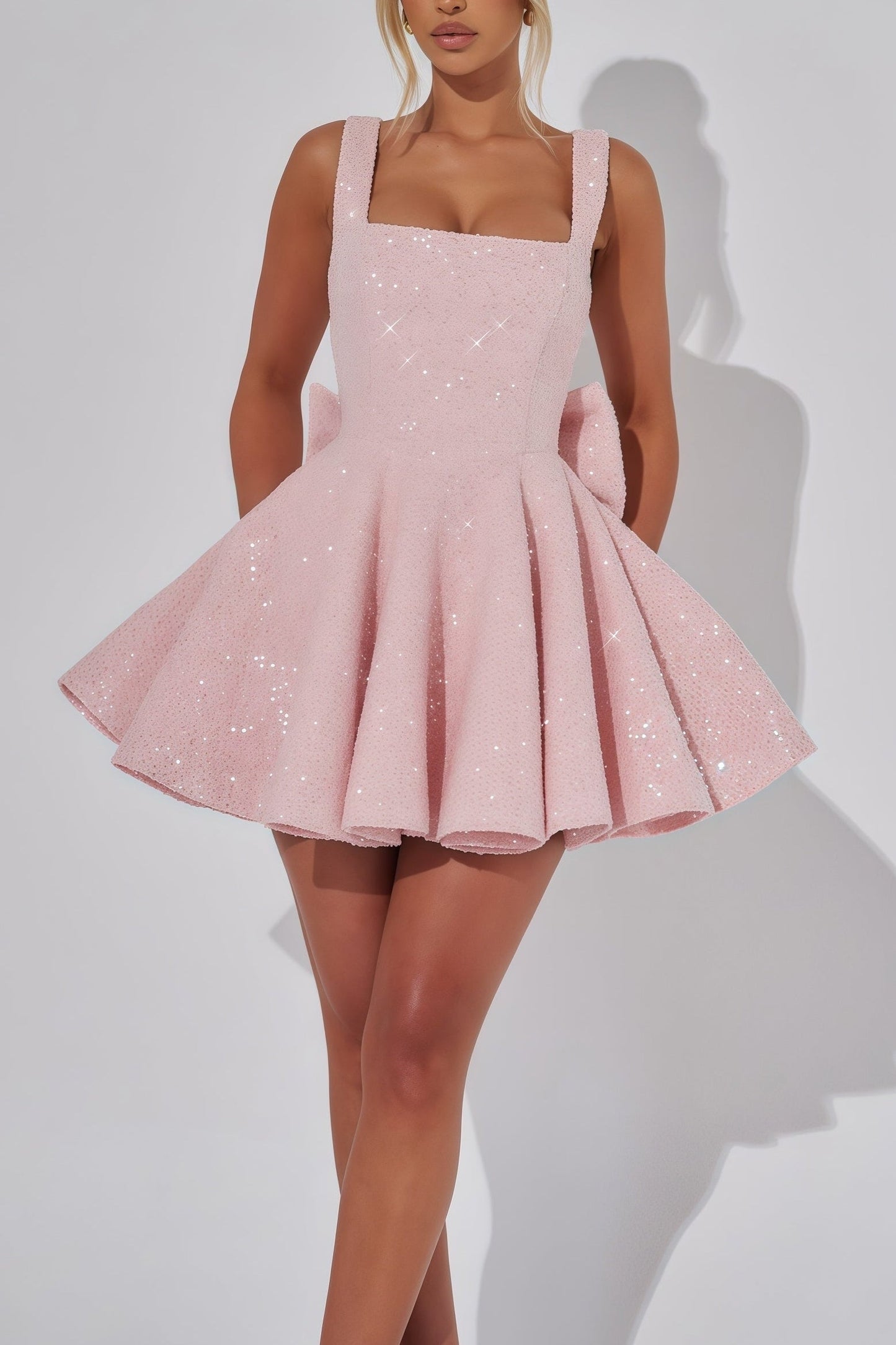 Robe de soirée chic, silhouette mini, encolure carrée. - 6