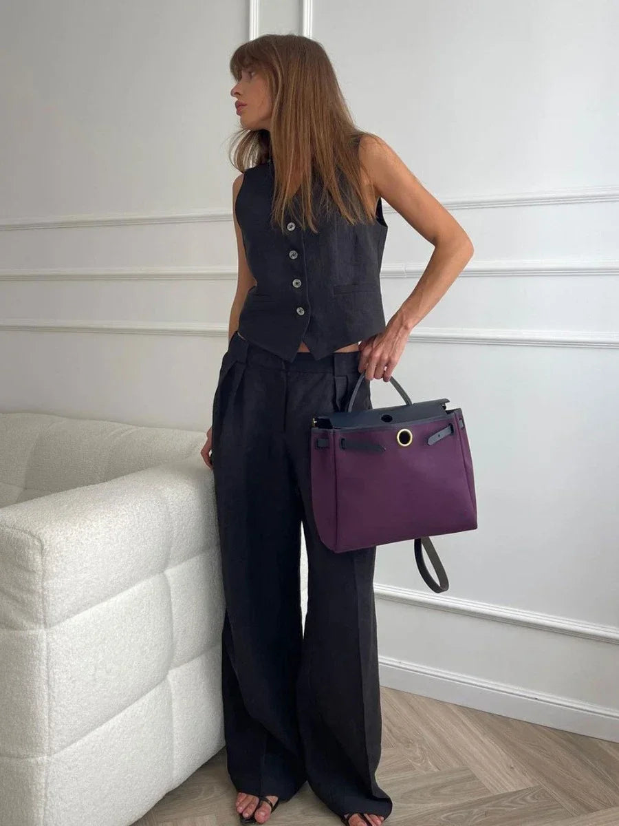 Kobieta | Elegancki Zestaw Lniany | Top Bez Rękawów | Dopasowane Spodnie | Stylowy Komplet