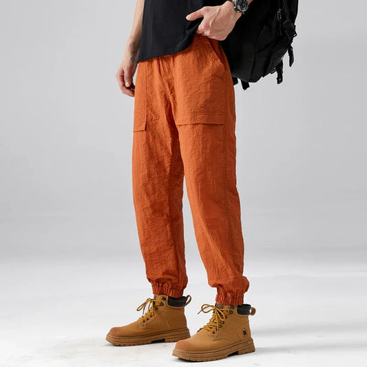 Spring Summer Men's Clothing Solid Color Elastic High Waist Pockets Casual Bloomers Harem Trousers Preppy Style Vacation Pants