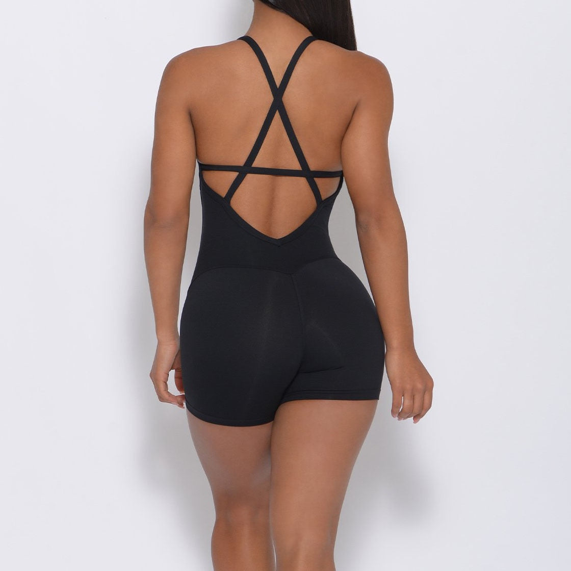 CRISS CROSS FORM FITTED ROMPER - BLACK