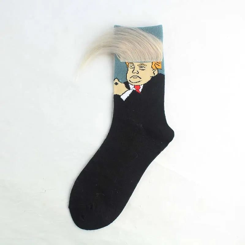 Funny President Donald Trump Socks with 3D Fake Hair Crew Socks Mens Compression Socks Streetwear Hip Hop 2022