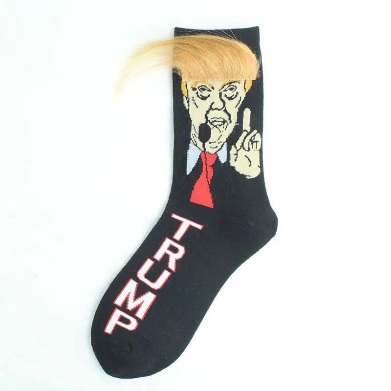 Funny President Donald Trump Socks with 3D Fake Hair Crew Socks Mens Compression Socks Streetwear Hip Hop 2022