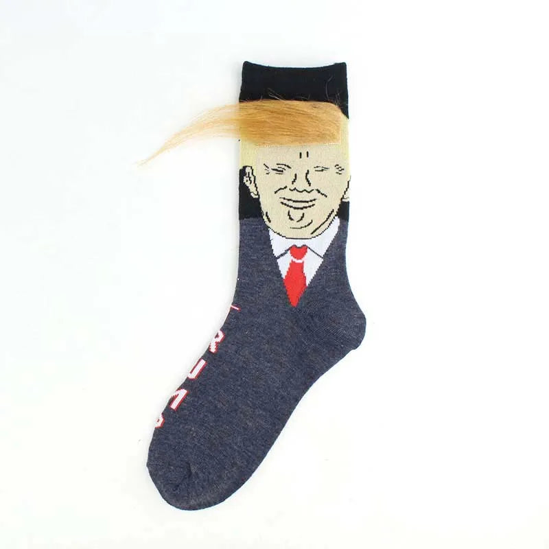 Funny President Donald Trump Socks with 3D Fake Hair Crew Socks Mens Compression Socks Streetwear Hip Hop 2022