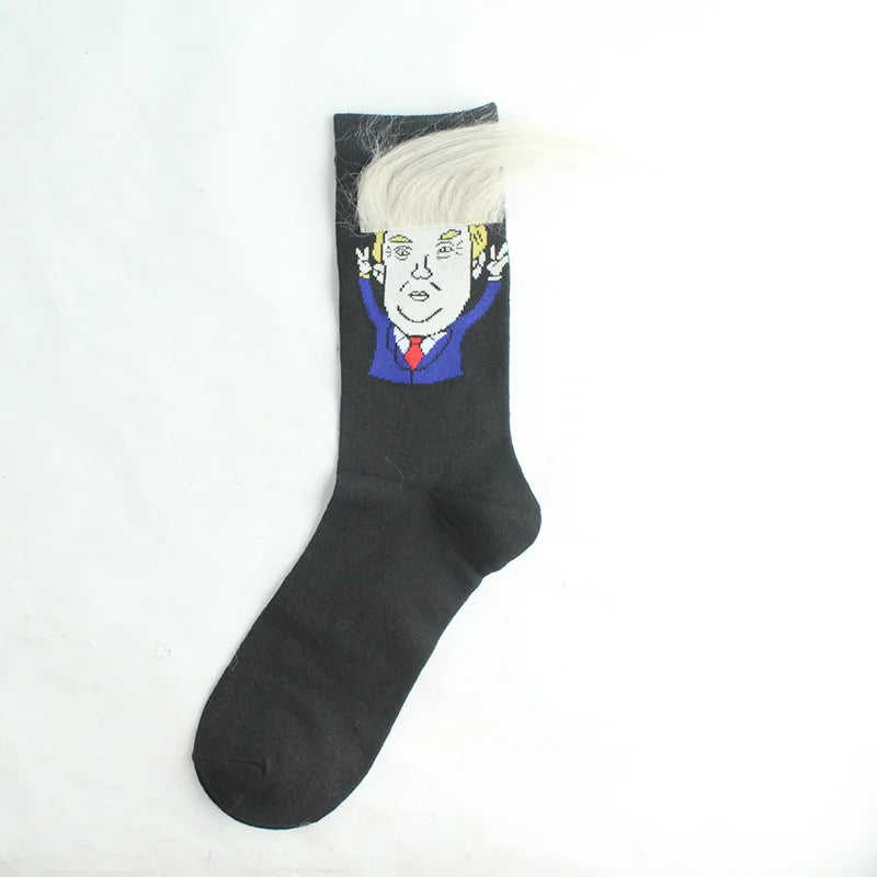 Funny President Donald Trump Socks with 3D Fake Hair Crew Socks Mens Compression Socks Streetwear Hip Hop 2022