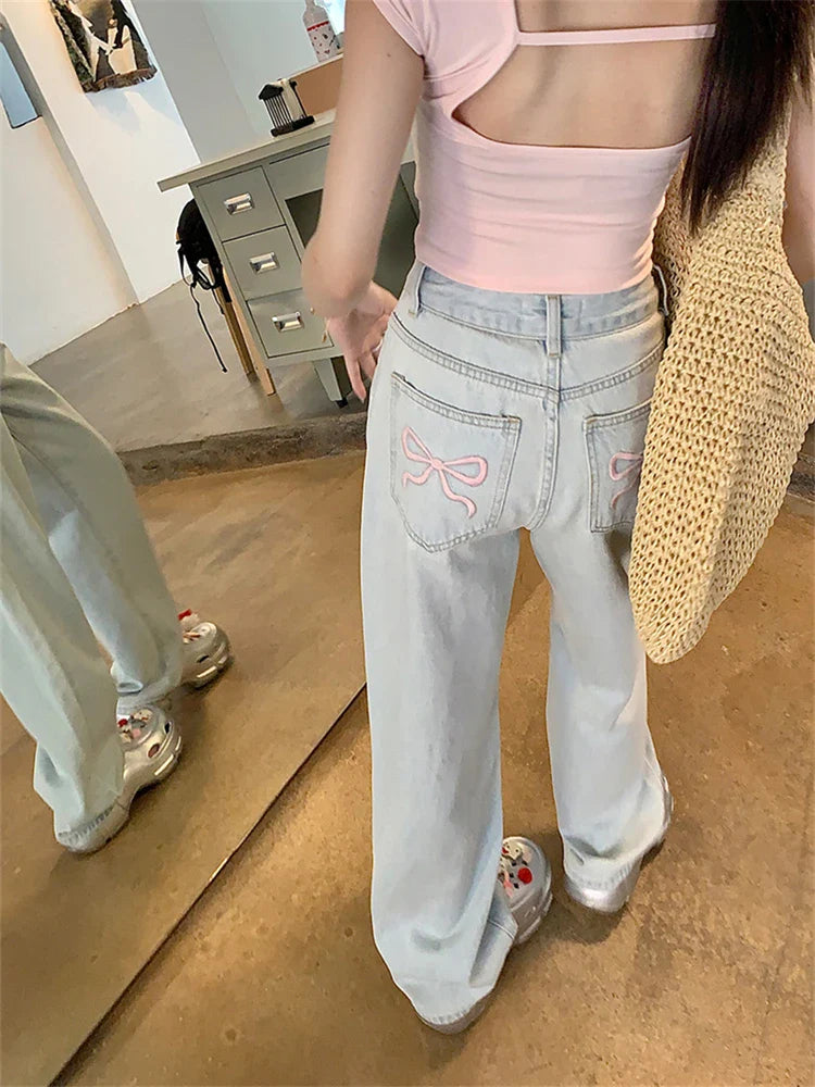 Women's Pink Bow Embroidered Light Blue Jeans Young Girl Street Straight Bottoms Vintage Casual Trousers Female Wide Leg Pants