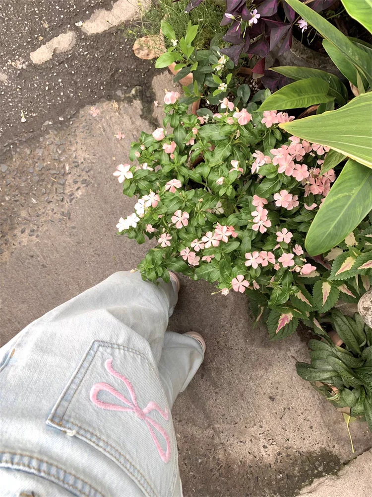 Women's Pink Bow Embroidered Light Blue Jeans Young Girl Street Straight Bottoms Vintage Casual Trousers Female Wide Leg Pants