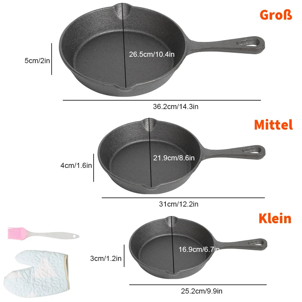 Gietijzeren Koekenpannenset 3-delig 16-20-26cm Inductie Gasfornuis Ongecoat Braadpan Omeletpan Roerbakpan Zwart | Restfield