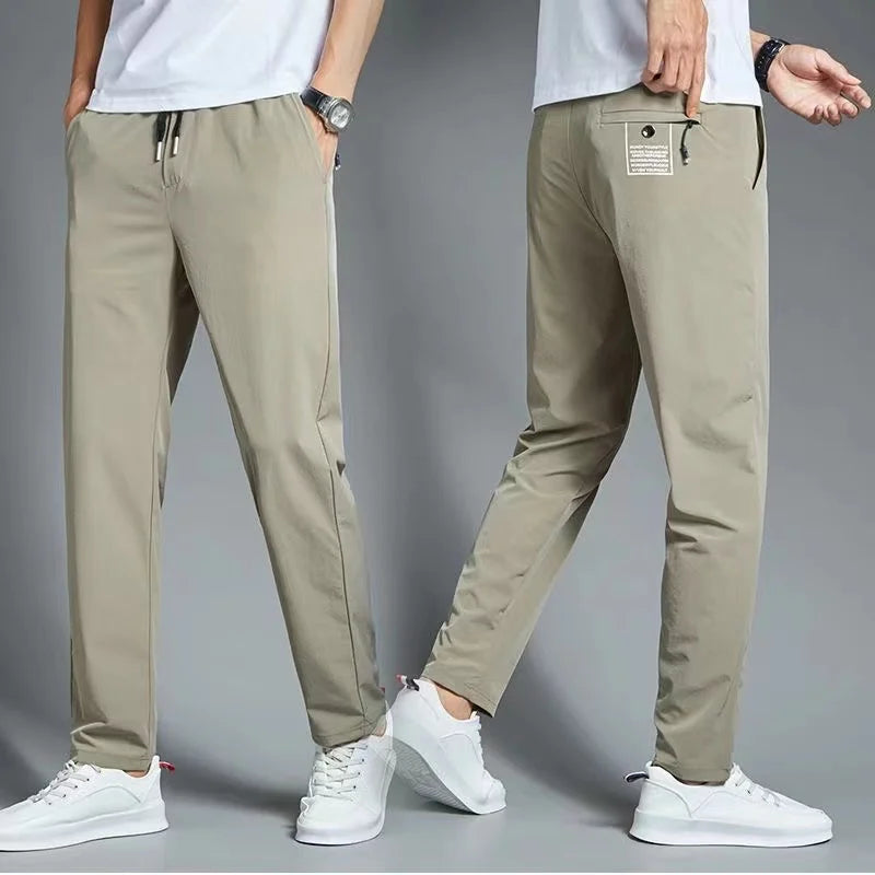 New Pants Spring Summer Mens Thin Casual Lightweight Slim Straight Trousers Elastic Ice Silk Business Casual Fashion Man Pants
