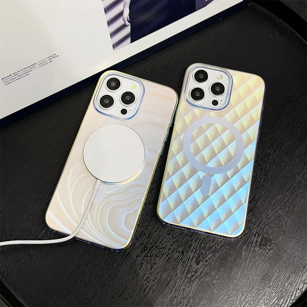 Luxury Feather Laser Aurora Magsafe Case for iPhone 15 16 14 11 12 13 Pro Max Acrylic Armor PC Shockproof Cover for iPhone 15Pro