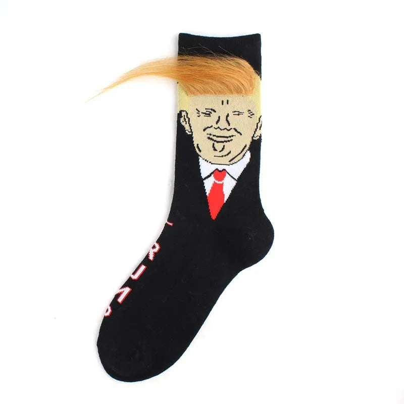 Funny President Donald Trump Socks with 3D Fake Hair Crew Socks Mens Compression Socks Streetwear Hip Hop 2022