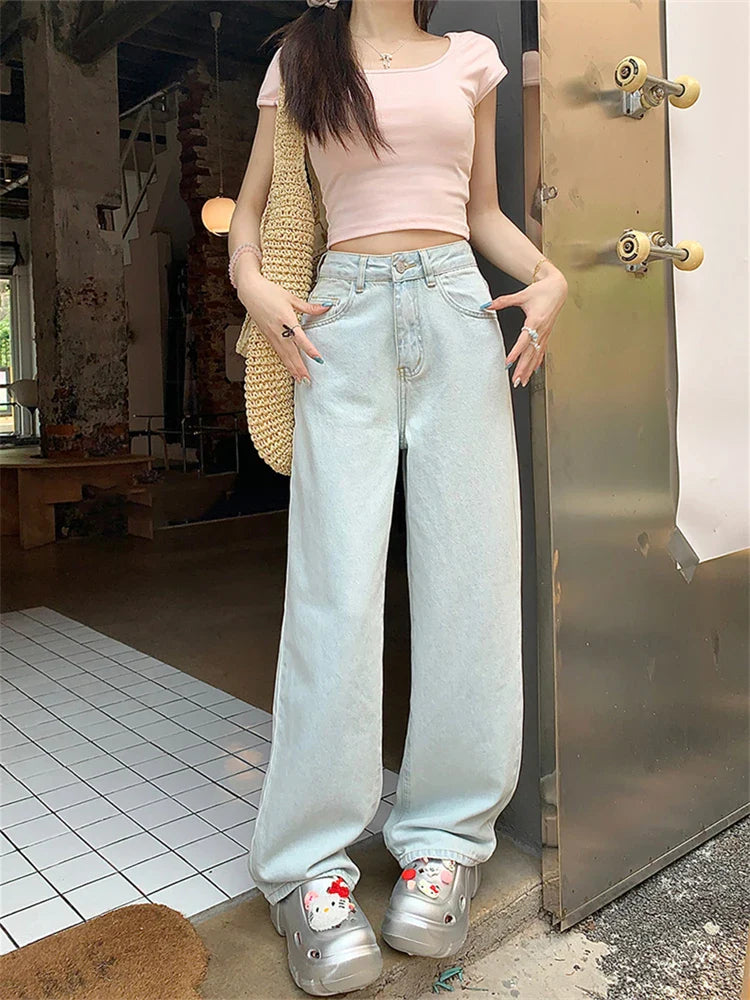 Women's Pink Bow Embroidered Light Blue Jeans Young Girl Street Straight Bottoms Vintage Casual Trousers Female Wide Leg Pants