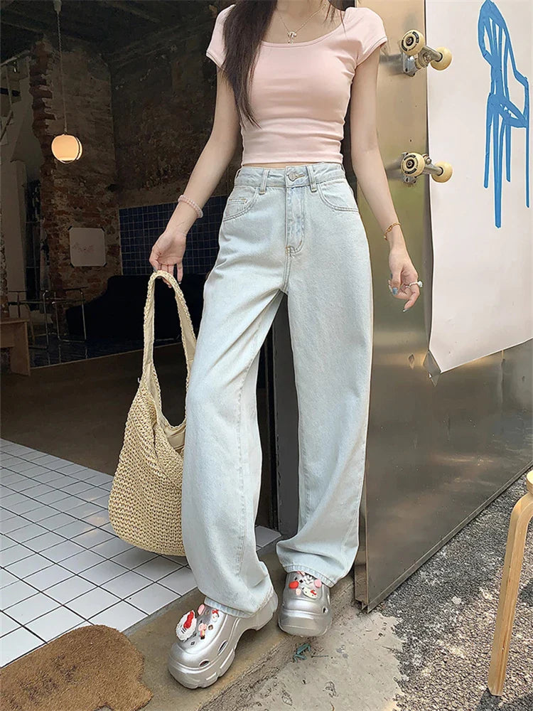 Women's Pink Bow Embroidered Light Blue Jeans Young Girl Street Straight Bottoms Vintage Casual Trousers Female Wide Leg Pants