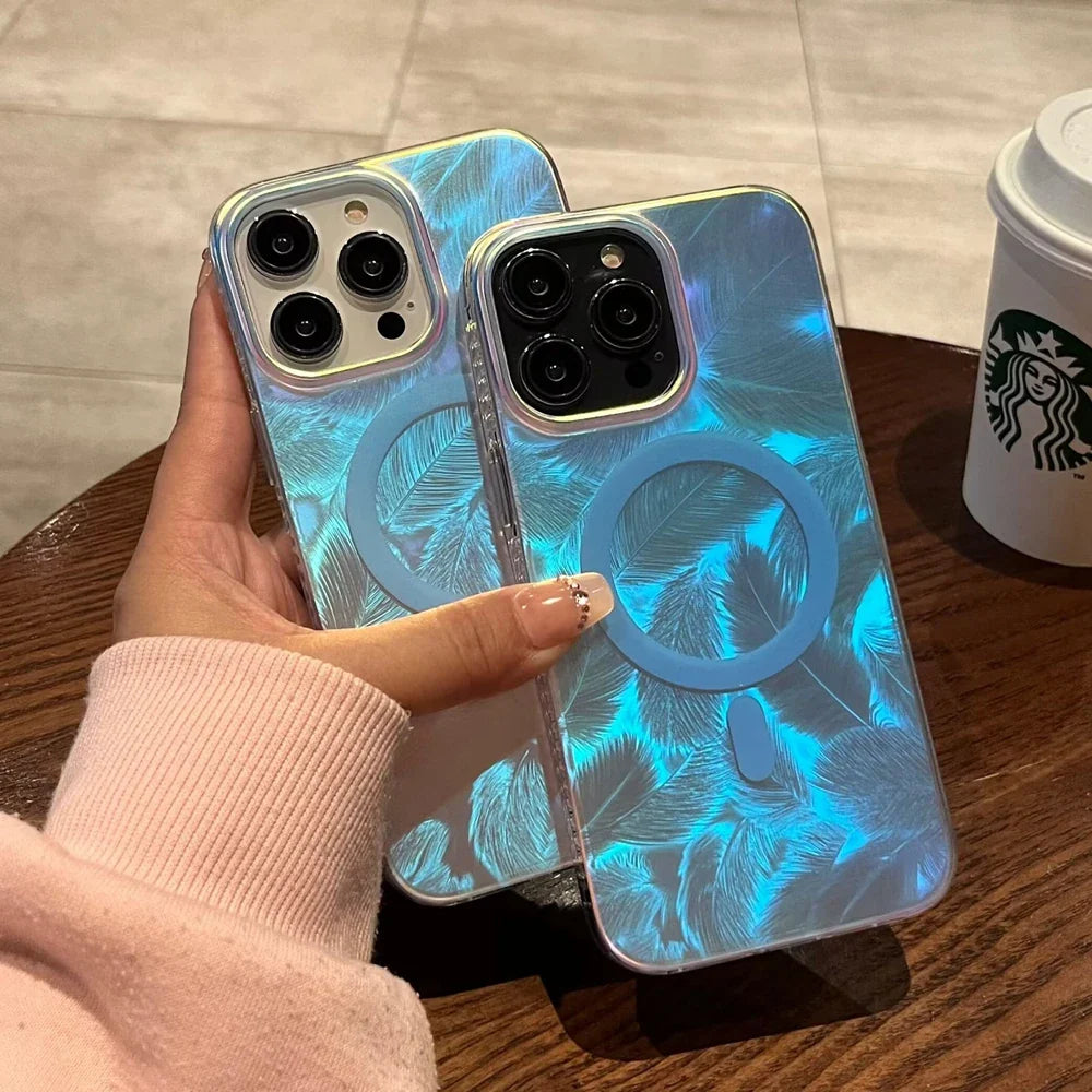 Luxury Feather Laser Aurora Magsafe Case for iPhone 15 16 14 11 12 13 Pro Max Acrylic Armor PC Shockproof Cover for iPhone 15Pro