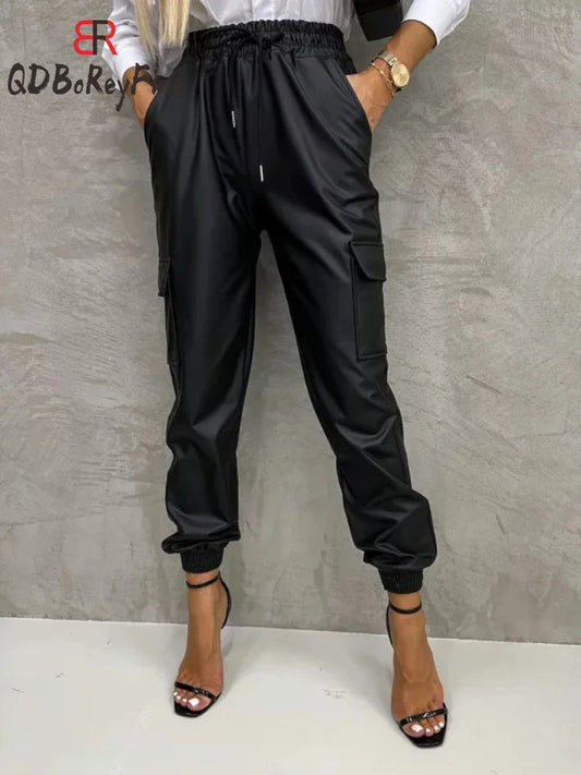 New in Women PU Leather Pants Autumn Winter Casual Loose Trousers with Pocket Korean Joggers Black Harem Pants Women Streetwear