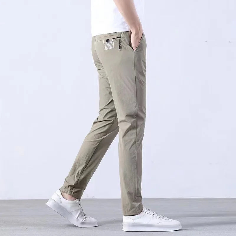 New Pants Spring Summer Mens Thin Casual Lightweight Slim Straight Trousers Elastic Ice Silk Business Casual Fashion Man Pants