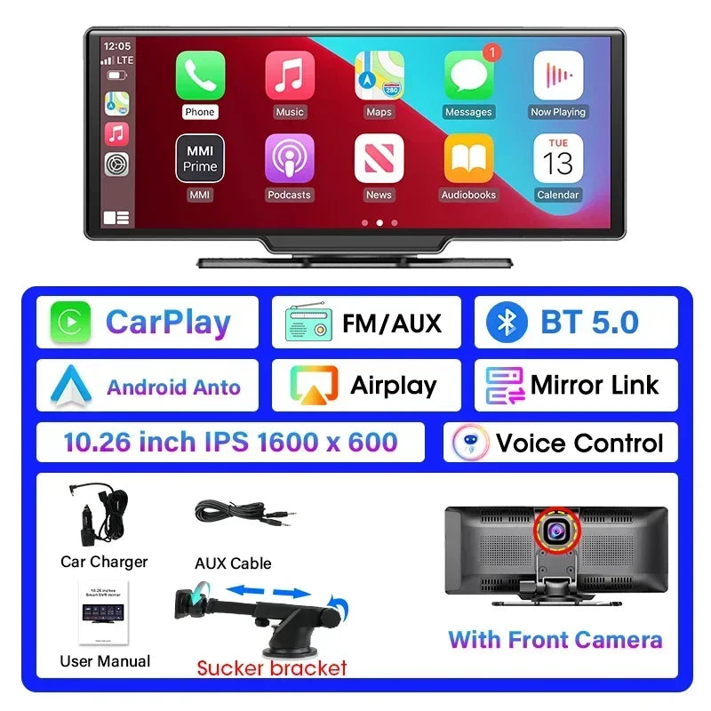 DashSight® Duo by JV Auto – Dash Cam, Rear Cam, & Touch Screen Infotainment System | 4K UHD Front & 1080P FHD Rearview Camera | Wireless & Wired Apple CarPlay & Android Auto