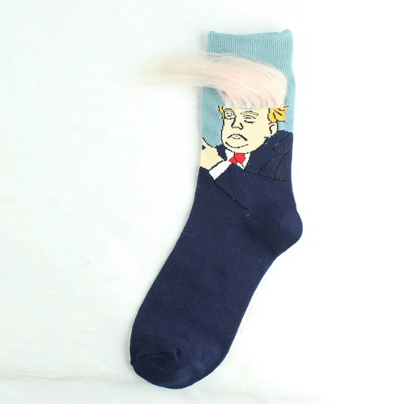 Funny President Donald Trump Socks with 3D Fake Hair Crew Socks Mens Compression Socks Streetwear Hip Hop 2022