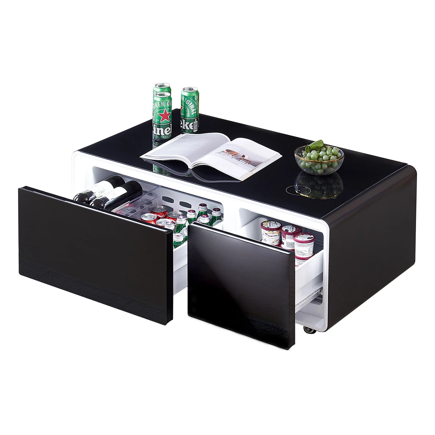 REDLIFE Smart Table Fridge Multifunctional Coffee Table with Wireless Charging and Two Cooler and Frozen Drawers for Living Room