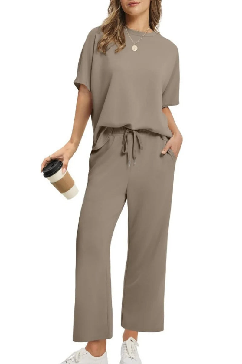 Damespak met korte mouwen, casual zeven-achths-broek, broek met wijde pijpen, 2025, nieuwe zomer dames