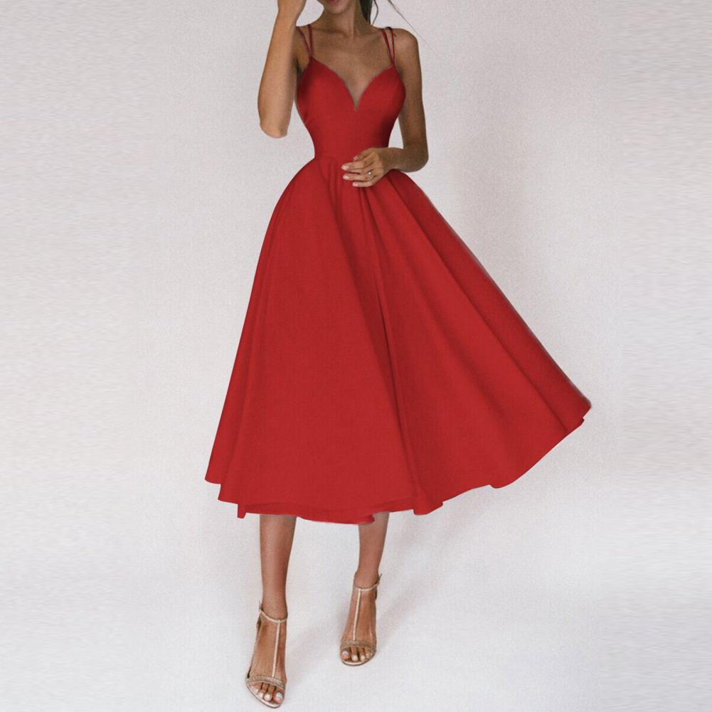Women’s Midi Dress Flared Skirt Structured Bodice Strap Detail