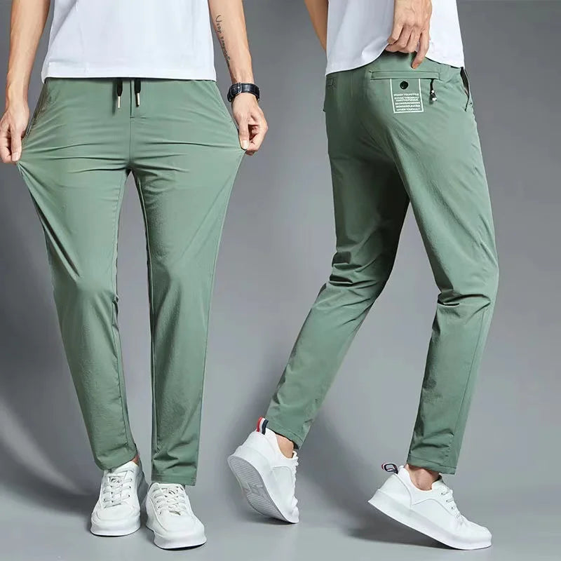 New Pants Spring Summer Mens Thin Casual Lightweight Slim Straight Trousers Elastic Ice Silk Business Casual Fashion Man Pants