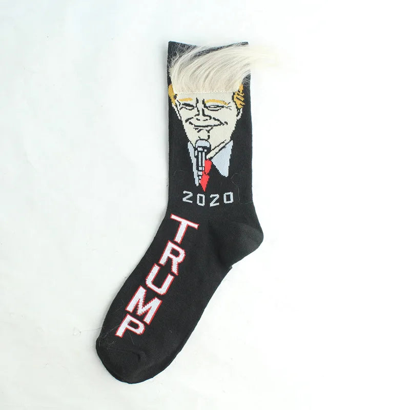 Funny President Donald Trump Socks with 3D Fake Hair Crew Socks Mens Compression Socks Streetwear Hip Hop 2022