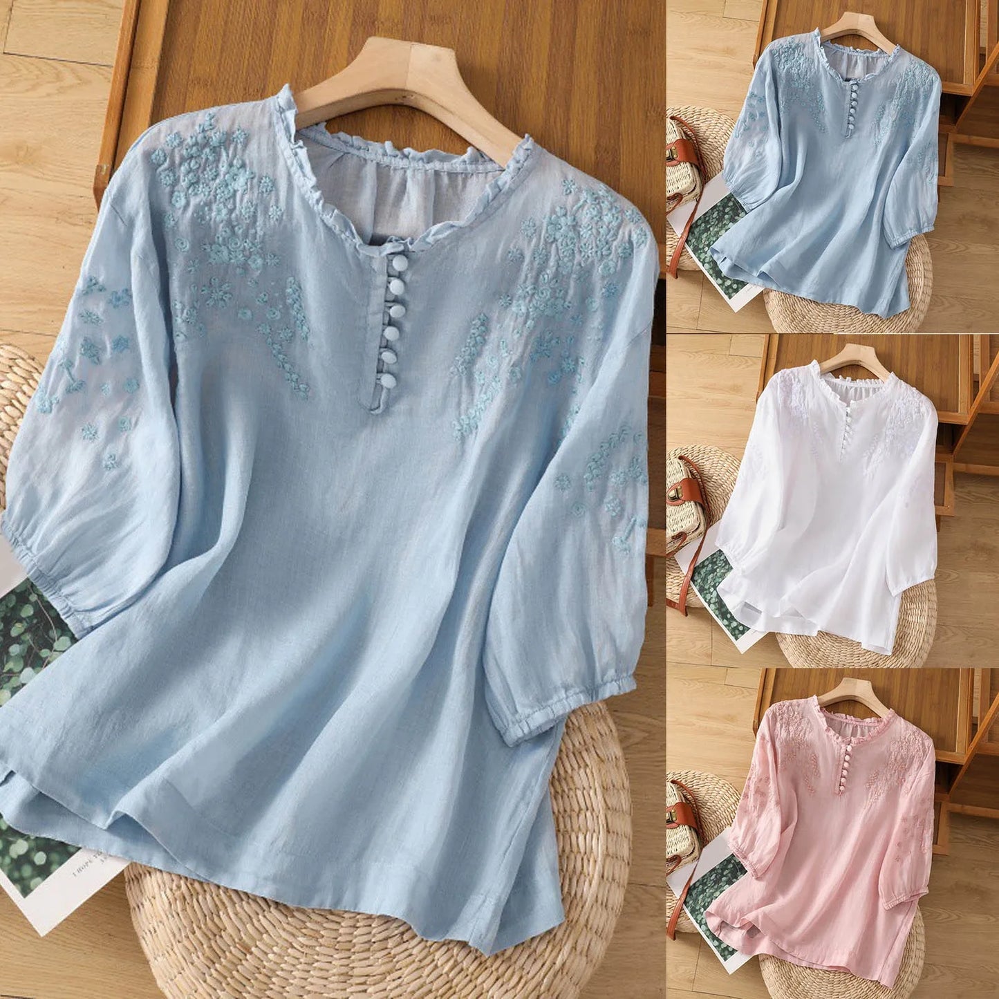 Theresa - Floral Embroidered Drop Shoulder Linen Blend Blouse