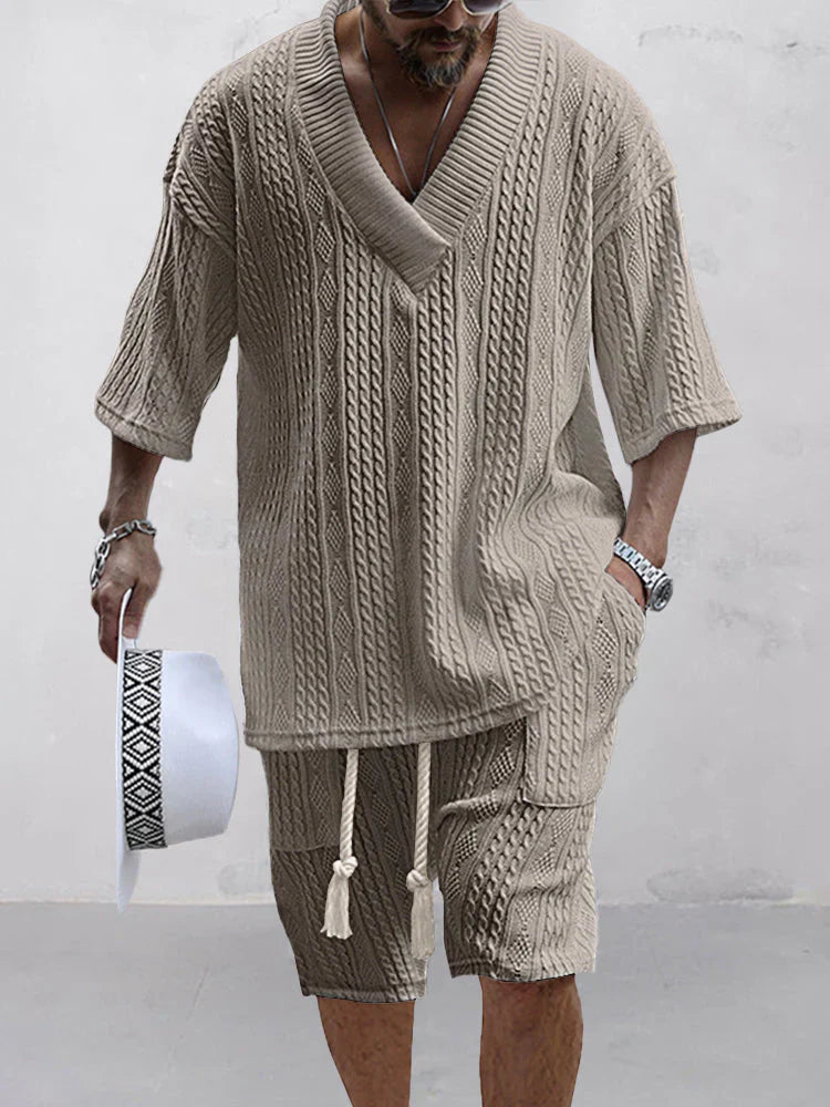Men's Knit Two-Piece V-Neck Shirt Relaxed Fit Shorts Co-ord Set