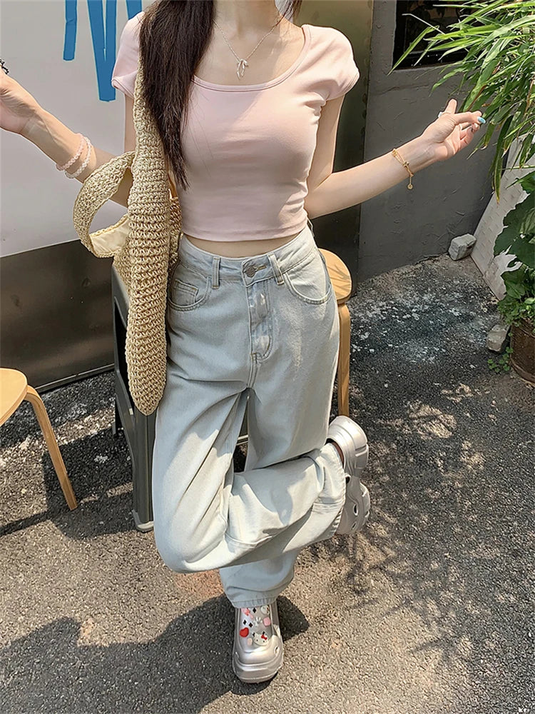 Women's Pink Bow Embroidered Light Blue Jeans Young Girl Street Straight Bottoms Vintage Casual Trousers Female Wide Leg Pants