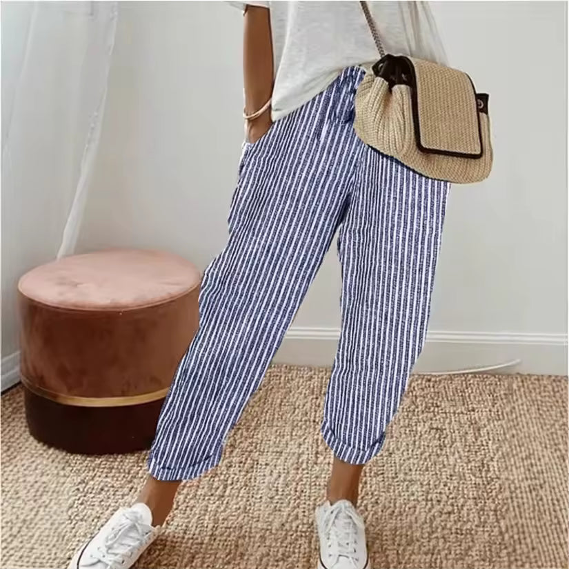 Sofie – Prodyšné lněné kalhoty, Casual a Stylové (Modro pruhované)
