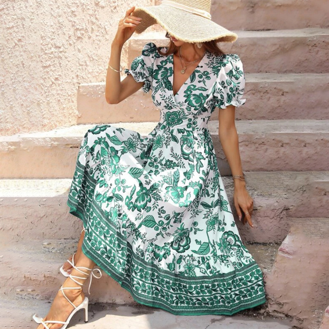 Sandra | Women Summer Maxi Dress Floral Print V-Neck Button Front Short Sleeve