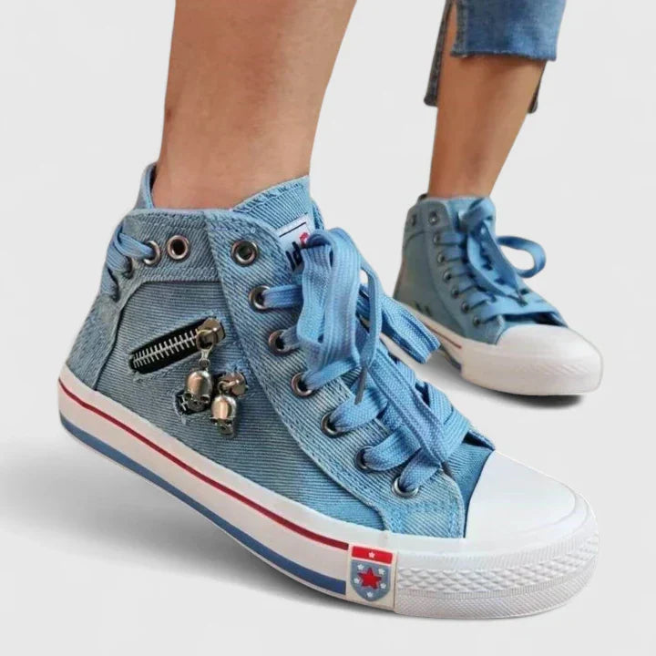 Women's Denim High Top Lace-Up Sneakers with Side Zip