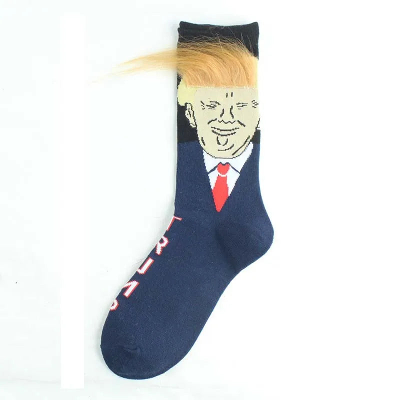 Funny President Donald Trump Socks with 3D Fake Hair Crew Socks Mens Compression Socks Streetwear Hip Hop 2022