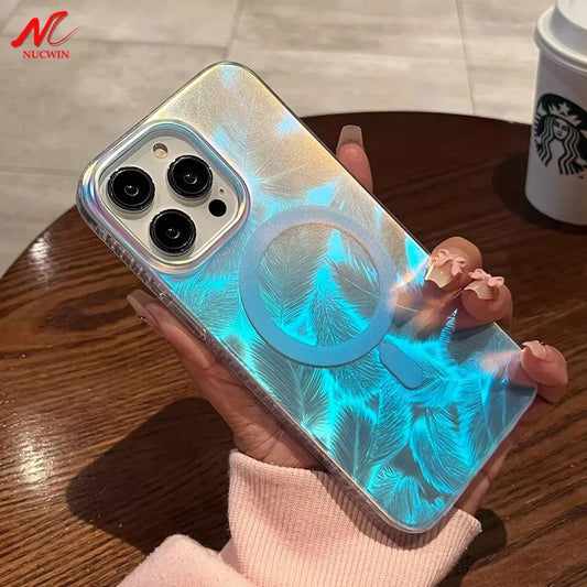 Luxury Feather Laser Aurora Magsafe Case for iPhone 15 16 14 11 12 13 Pro Max Acrylic Armor PC Shockproof Cover for iPhone 15Pro