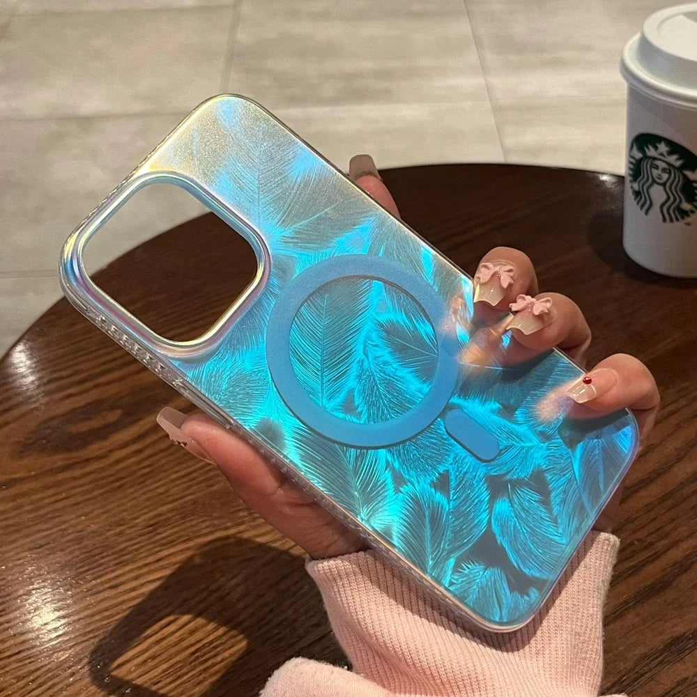 Luxury Feather Laser Aurora Magsafe Case for iPhone 15 16 14 11 12 13 Pro Max Acrylic Armor PC Shockproof Cover for iPhone 15Pro