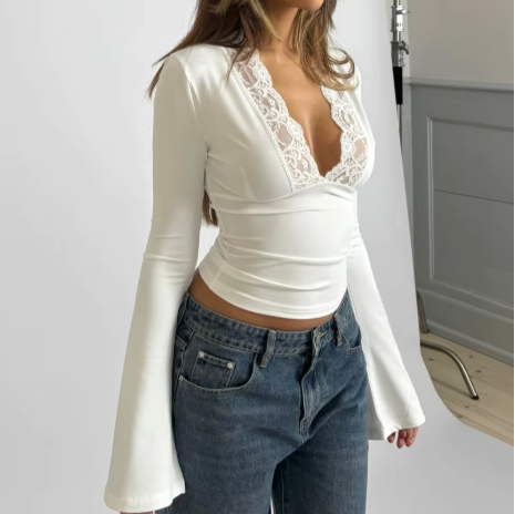 Emely - Top à col V en dentelle avec manches évasées