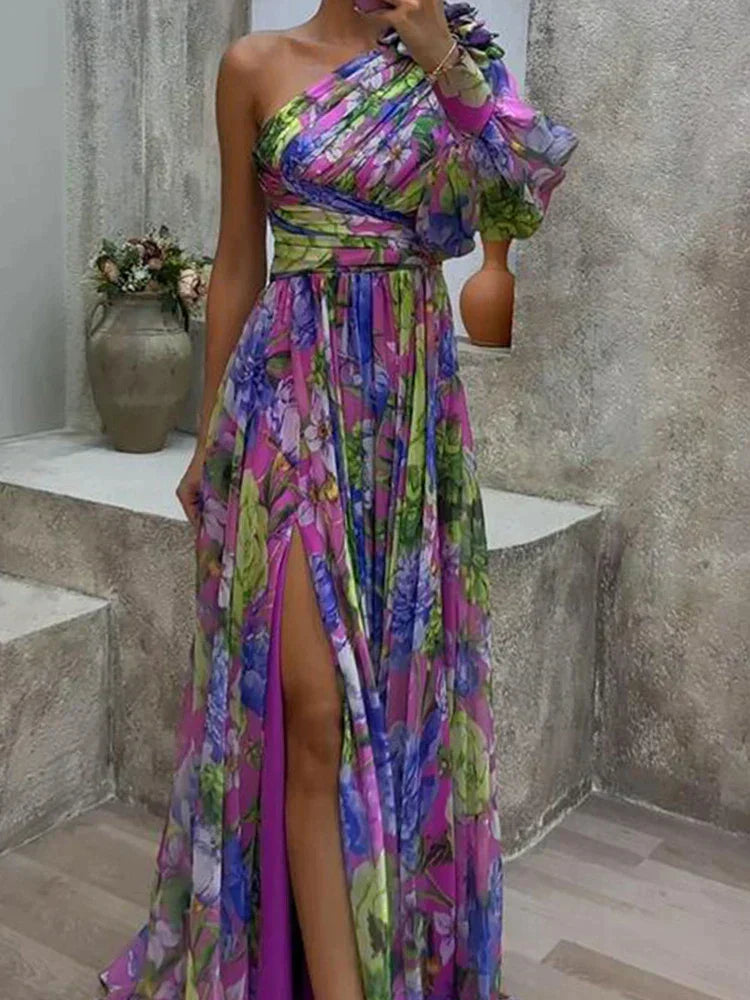 Damen One Shoulder Kleid mit Print | Maxi