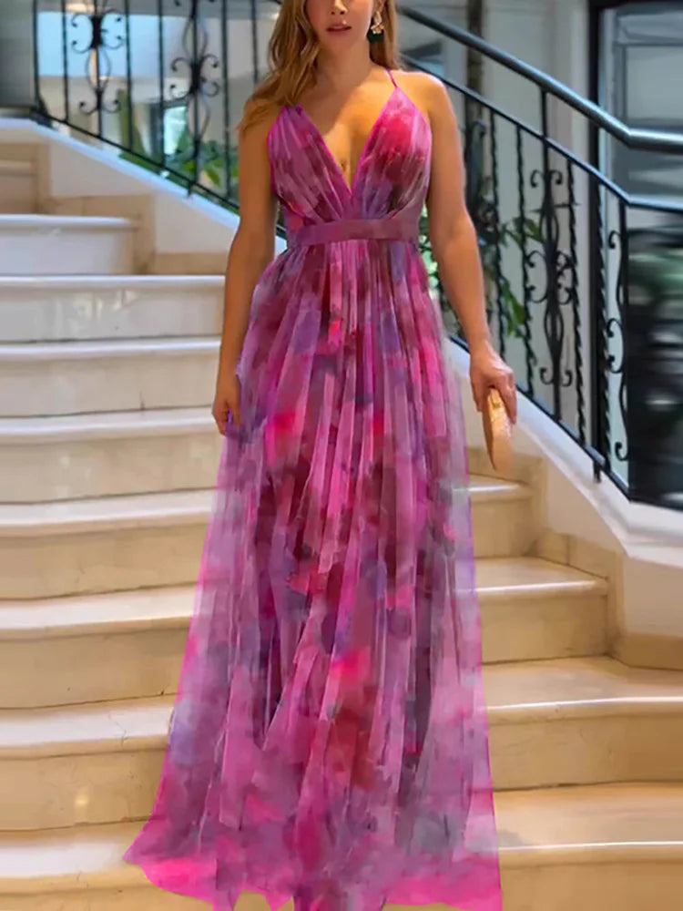 AURELIA™ – Elegant Mesh Print Maxi Dress