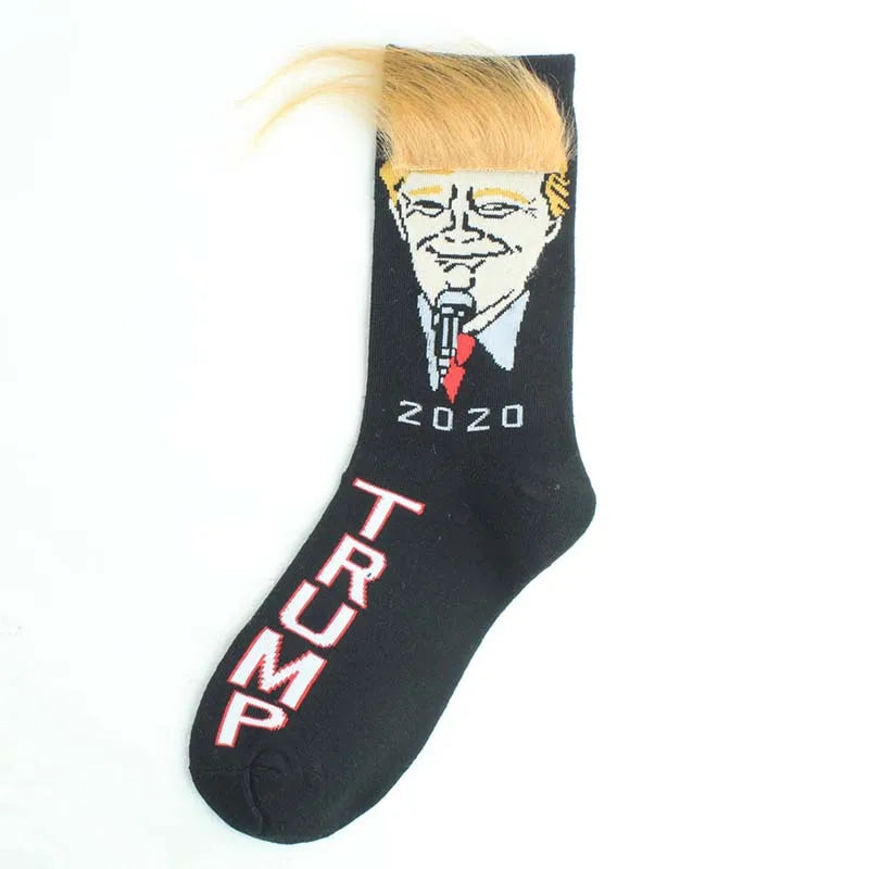 Funny President Donald Trump Socks with 3D Fake Hair Crew Socks Mens Compression Socks Streetwear Hip Hop 2022