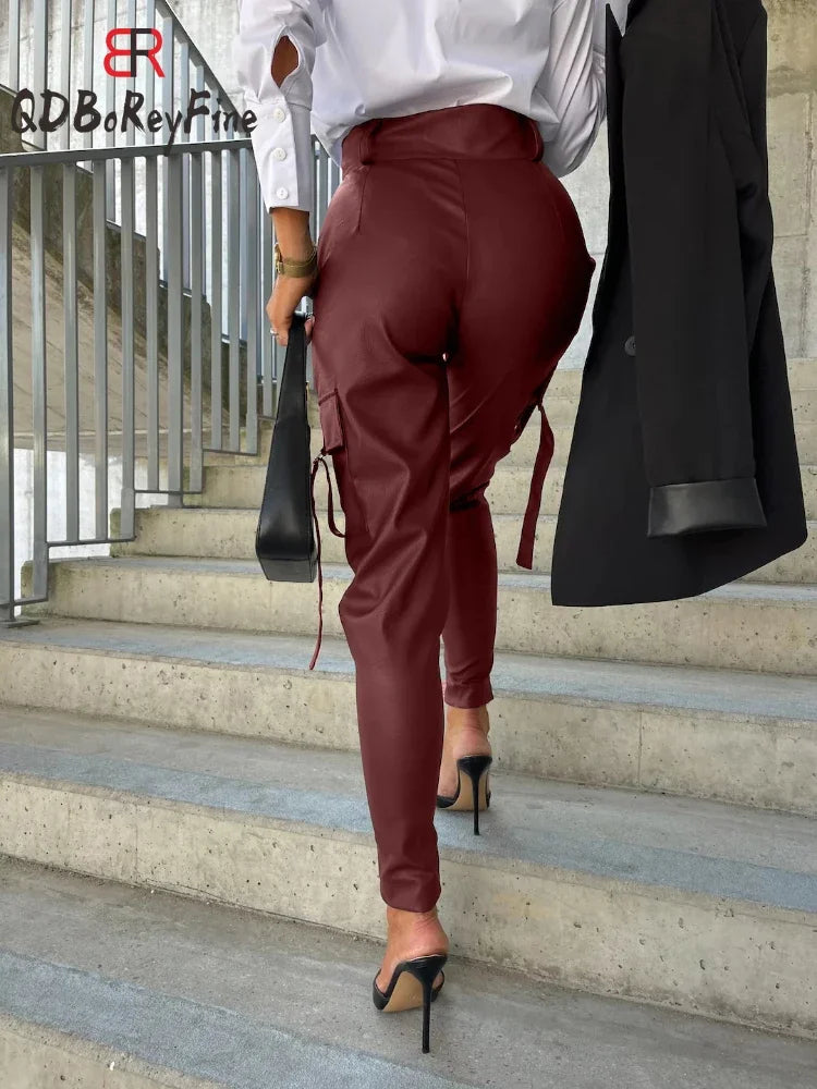 PU Leather Women's Pants Winter Fall High Waist Trousers Casual Loose Streetwear Zipper Joggers Black Cargo Pants for Women 2024