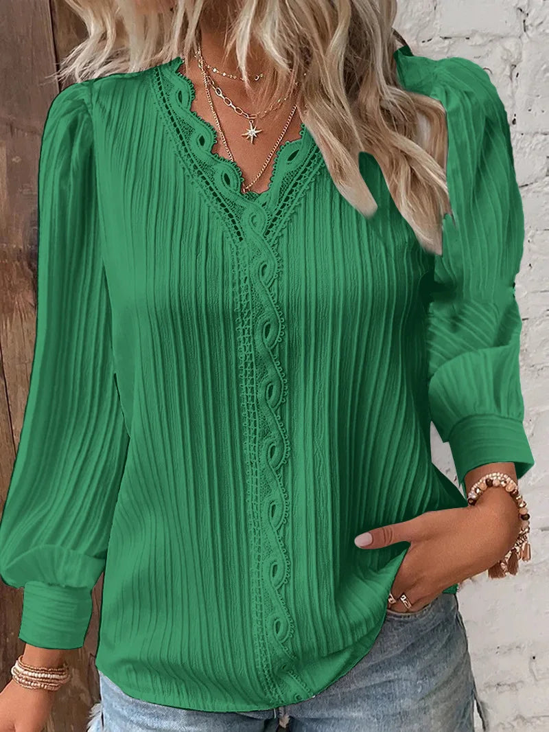 Women’s Lace Trim Blouse – Elegant V-Neck Lightweight Long Sleeve Stylish Feminine Chic Top
